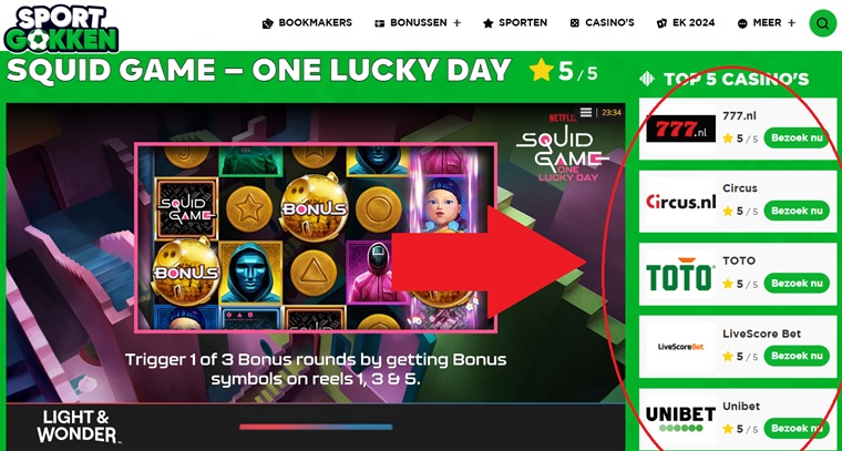 frontpage van Sportgokken met de slot Squid Game One Lucky Day en de casino's 777, Circus, TOTO, Livescore Bet en Unibet er naast