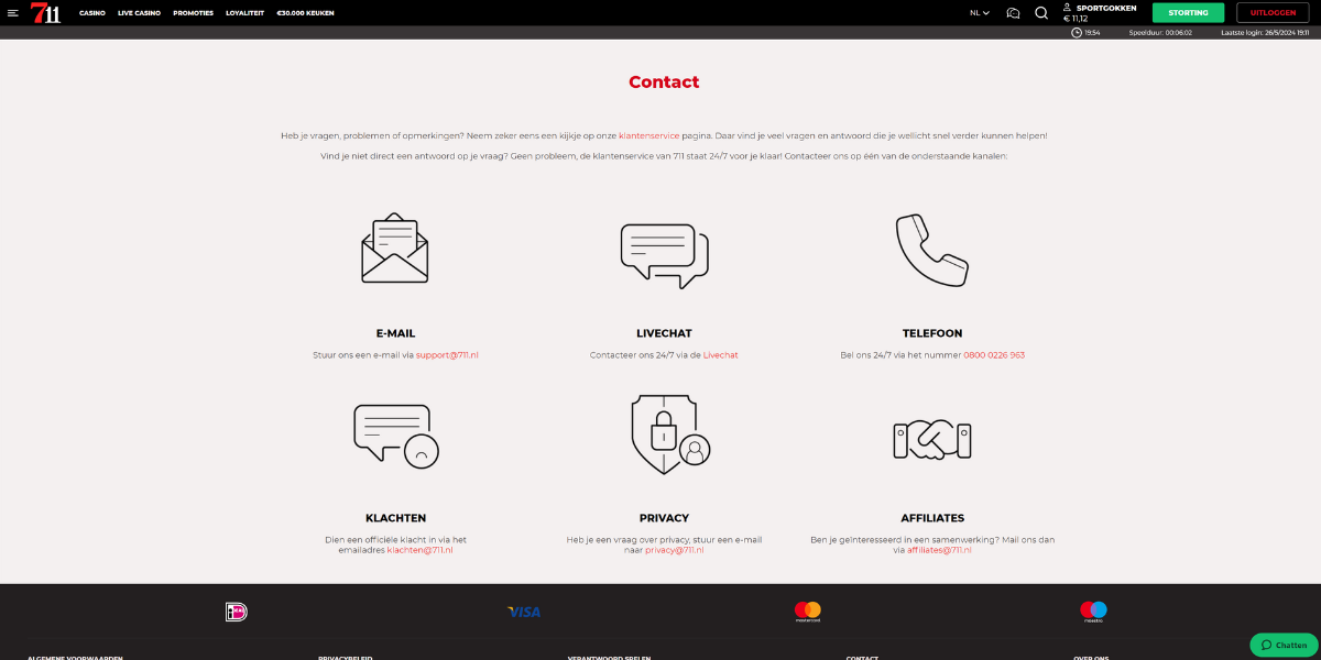 hoe kom ik in contact met 711 uitleg sportgokken handleiding selecteer een methode mail telefoon klachten support