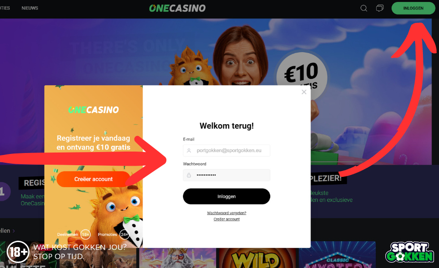 Klik op inloggen en voer je gebruikersnaam en wachtwoord in bij One Casino