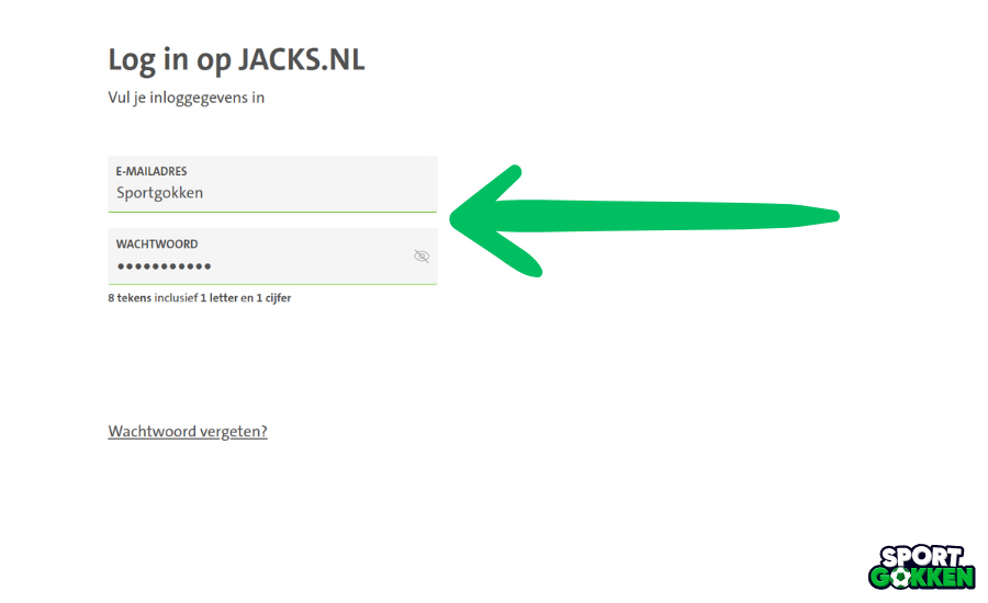 Voer je emailadres en wachtwoord in bij Jacks Casino