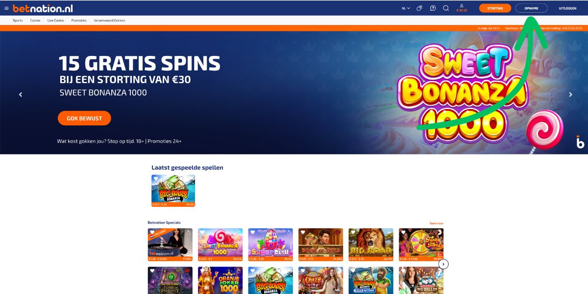 klik op opname blauwe button rechtsboven handleiding geld opnemen betnation