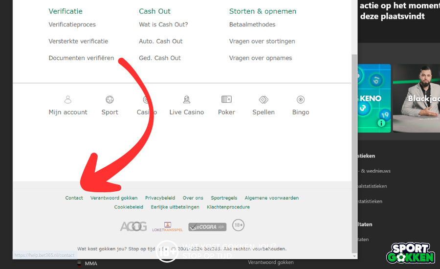 Klik op contact bij Bet365