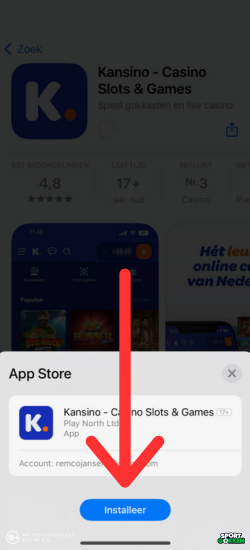 Klik op installeer de Kansino app