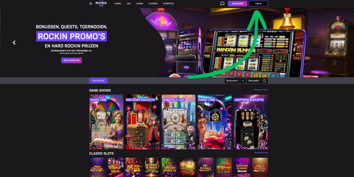 ga naar hardrock casino en klik op inloggen