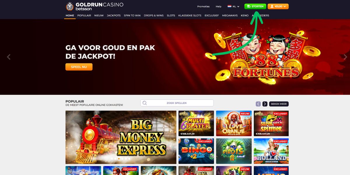 storting goldrun casino hoe geld te storten? groene button storten