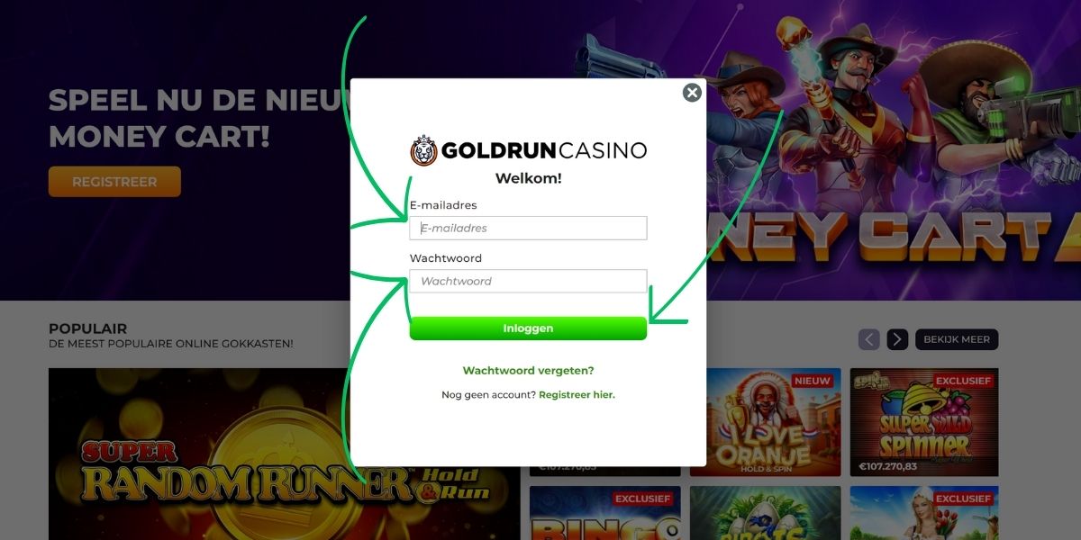 vul je e-mail en wachtwoord in en klik op inloggen op goldrun casino