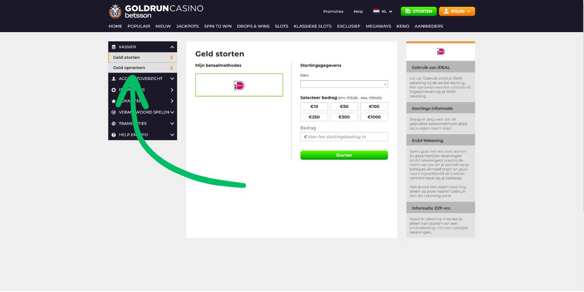 geld opnemen uitbetaling goldrun casino how to guide gids handleiding kassier