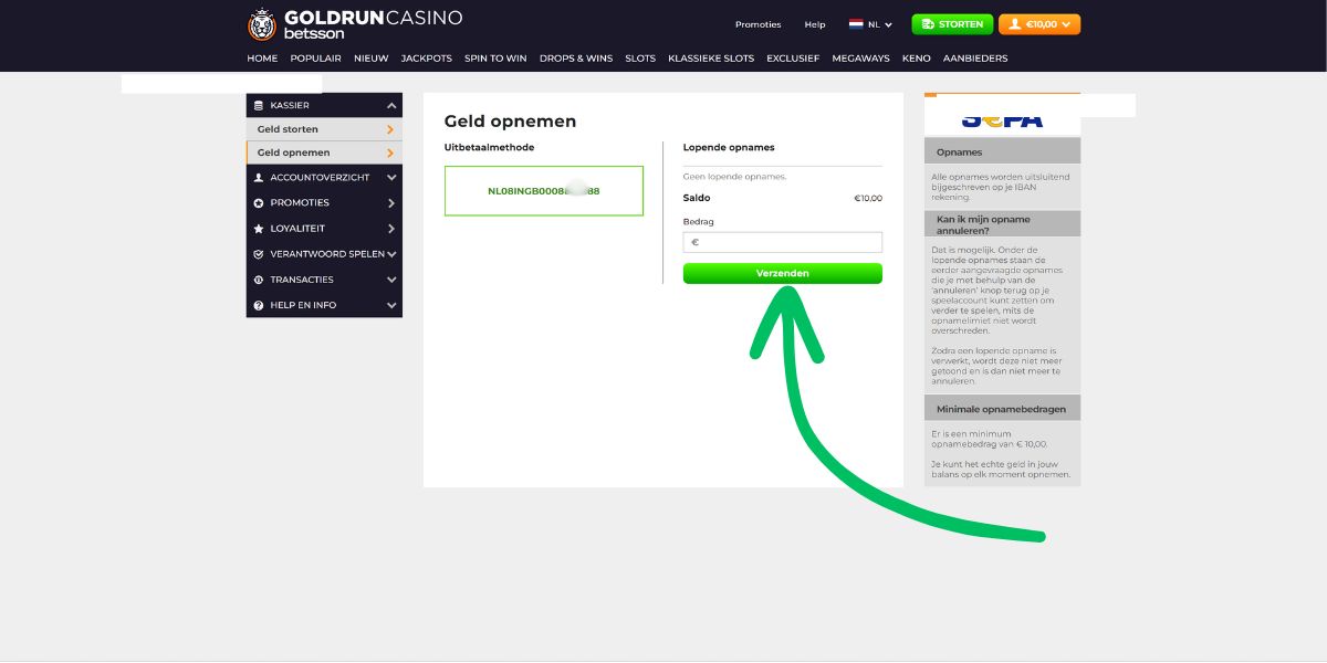 geld opnemen uitbetaling goldrun casino how to guide gids handleiding rekening nummer en bedrag