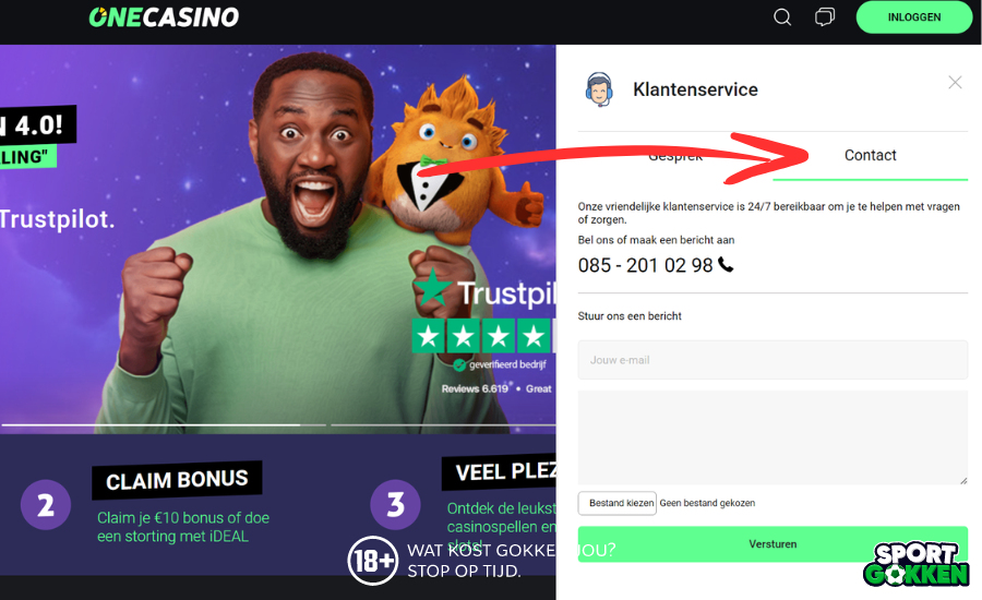 Kies je contactmethode bij One Casino