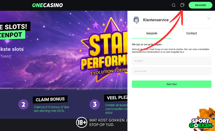 Klik op chat icoon bij One Casino