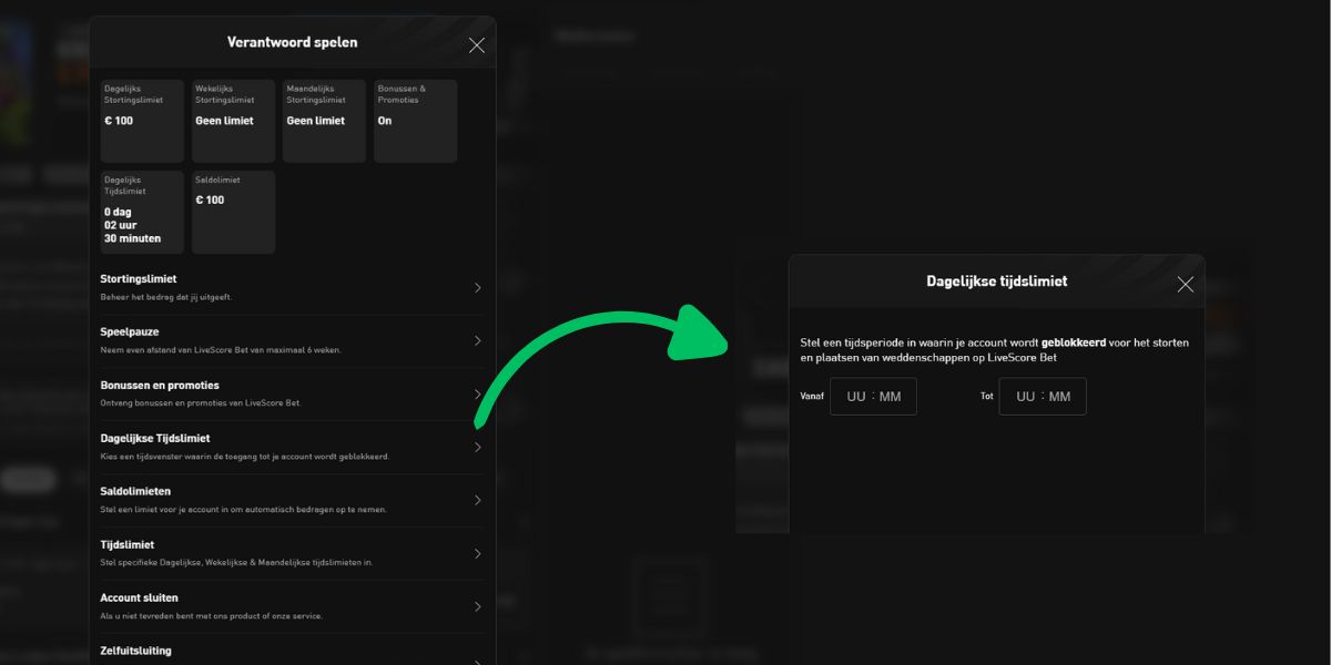 dagelijkst tijdslimiet instellen livescorebet