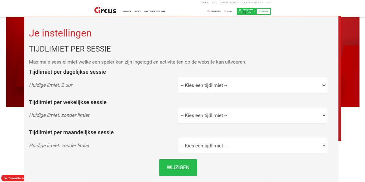 tijdslimiet circus casino online nederland