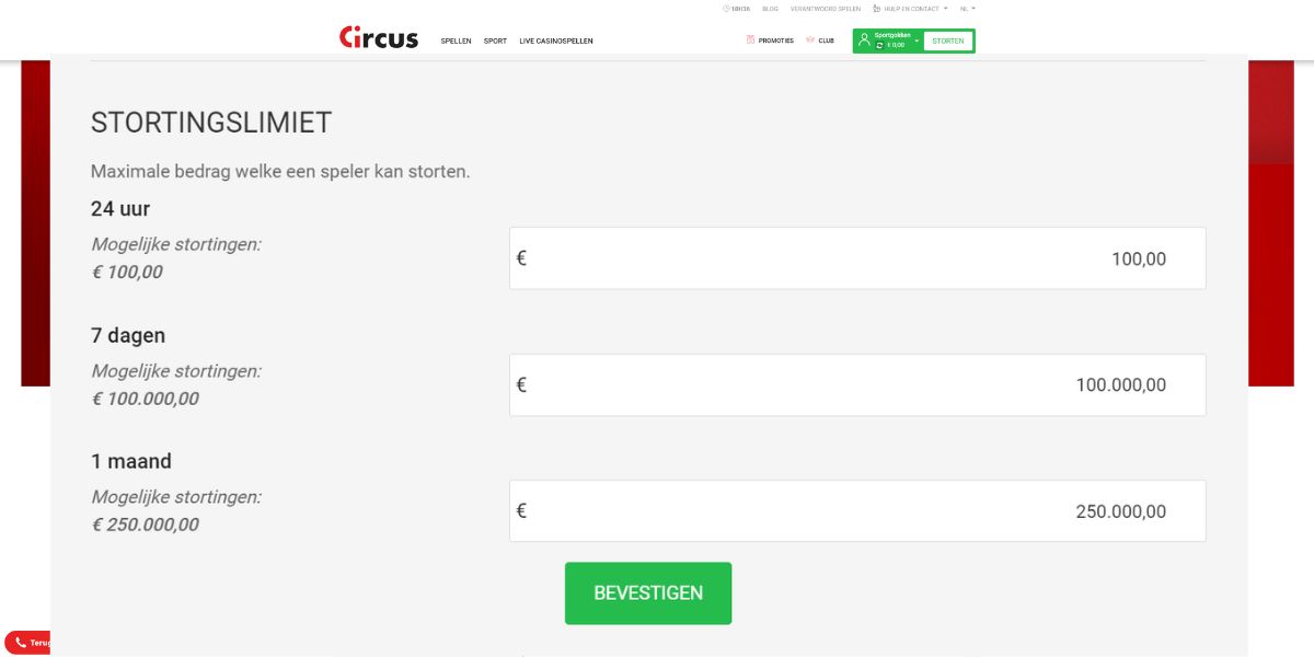 limieten instellen op circus uitleg stortingslimiet Casino circus review