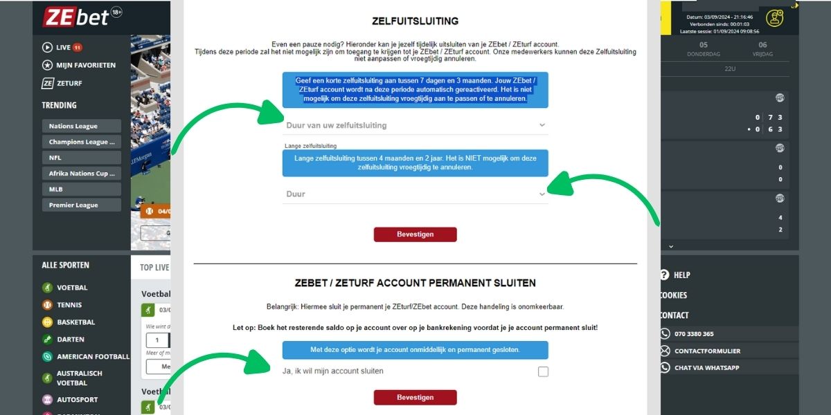 Permanente sluiting account ZEbet gokstop tijdsperiode lang kort