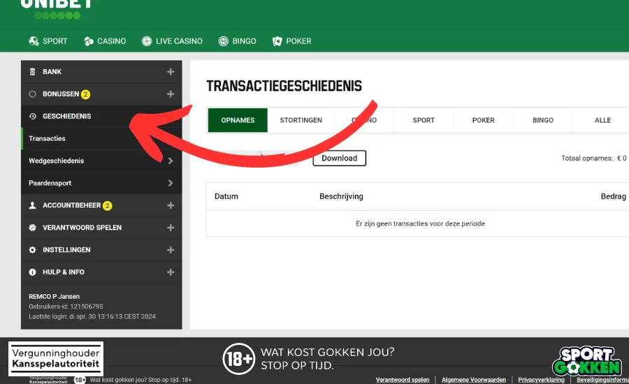Klik op geschiedenis bij unibet
