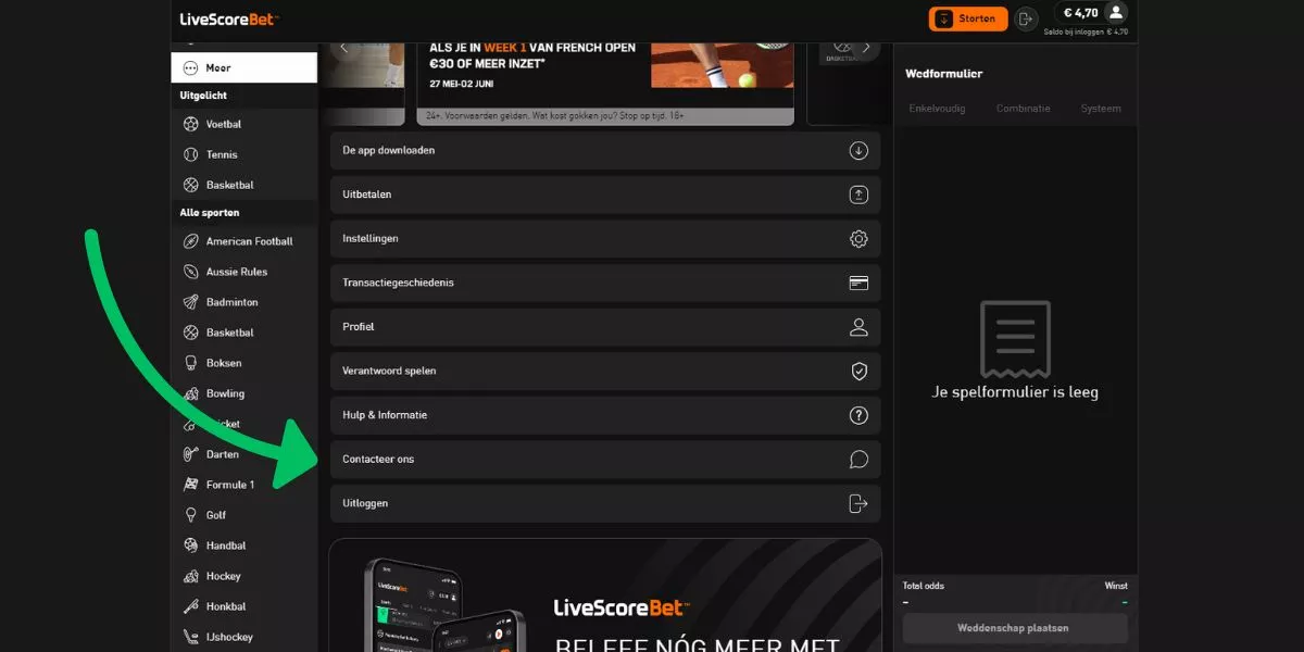Sportgokken uitleg hoe kom ik in contact met de klantenservice van LiveScore Bet Chatfunctie