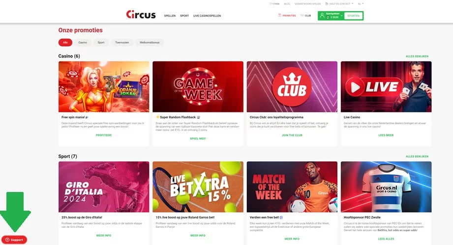 Het ingelogde startscherm van Circus.nl met een rood omlijnde "Support" knop linksonder in de hoek.