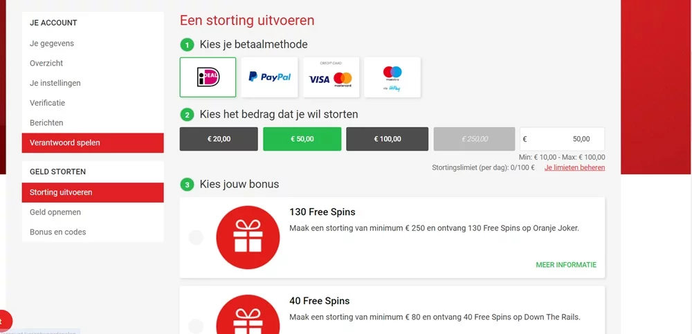 Schermafbeelding van de stortingspagina, waarop een bedrag wordt ingevoerd in het veld 'Bedrag'. Verschillende betalingsmethoden zoals iDEAL en creditcard zijn zichtbaar als selecteerbare opties.