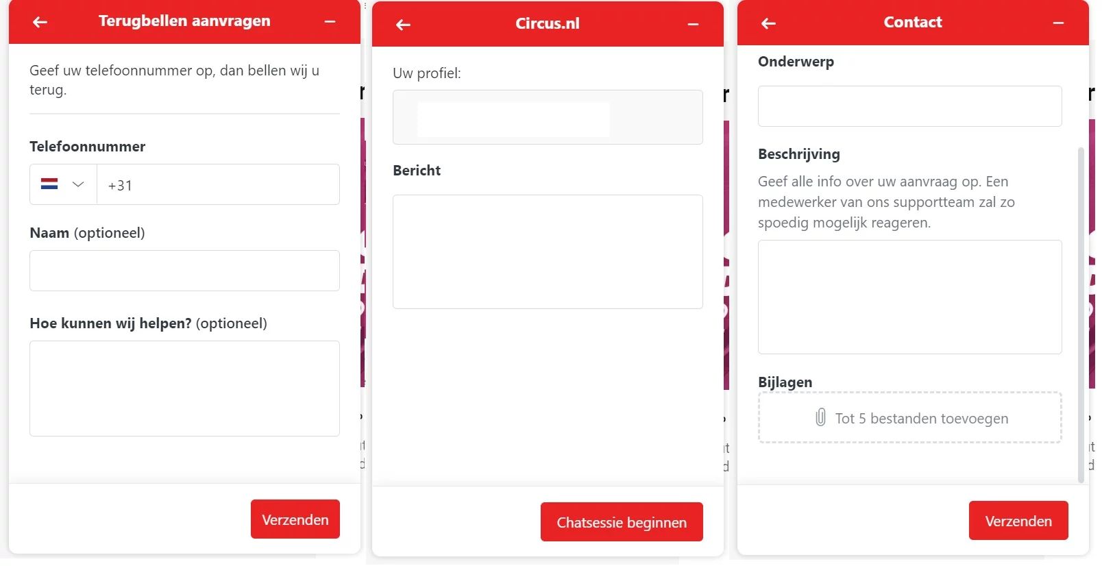 Een invulformulier op de supportpagina waar gebruikers hun bericht kunnen typen of hun telefoonnummer kunnen invoeren voor een terugbelverzoek, met velden voor tekstinvoer en een verzendknop.