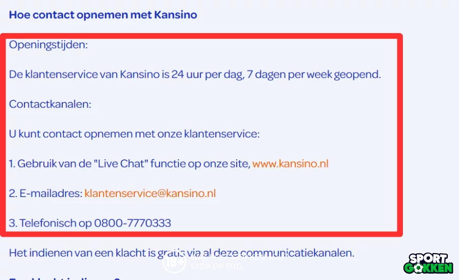 Contact opnemen met Kansino