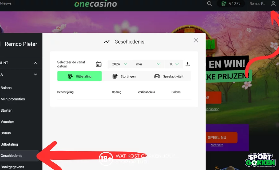 Ga naar mijn account en geschiedenis bij One Casino