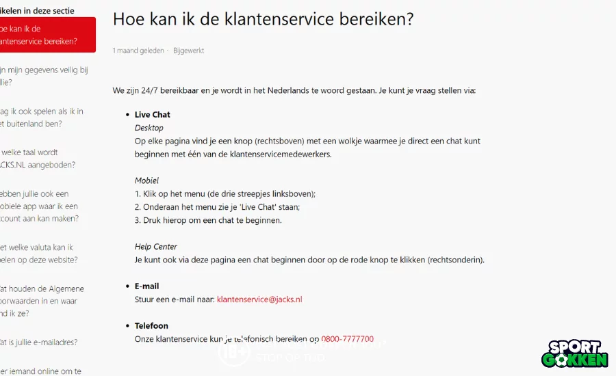 Kies uit de contact methodesvan de klantenservice van Jacks