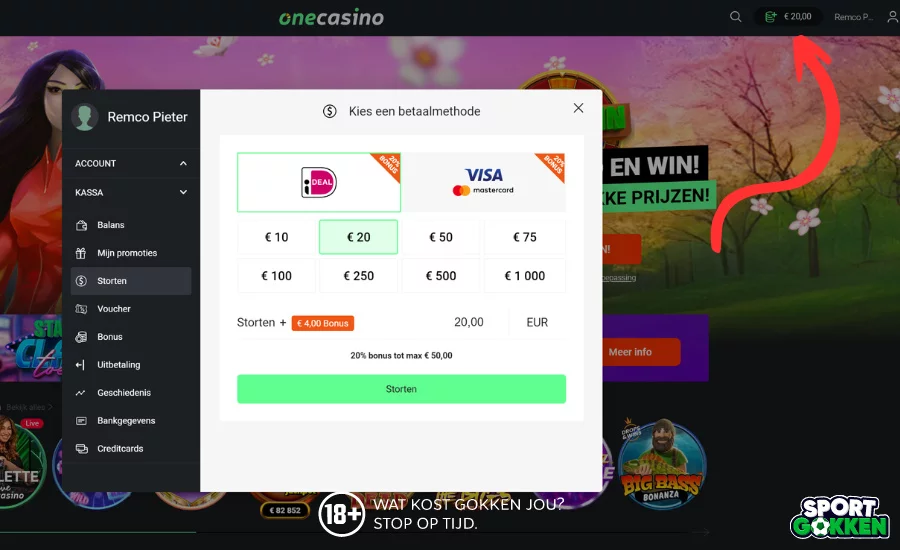 Klik op stortingen bij One Casino