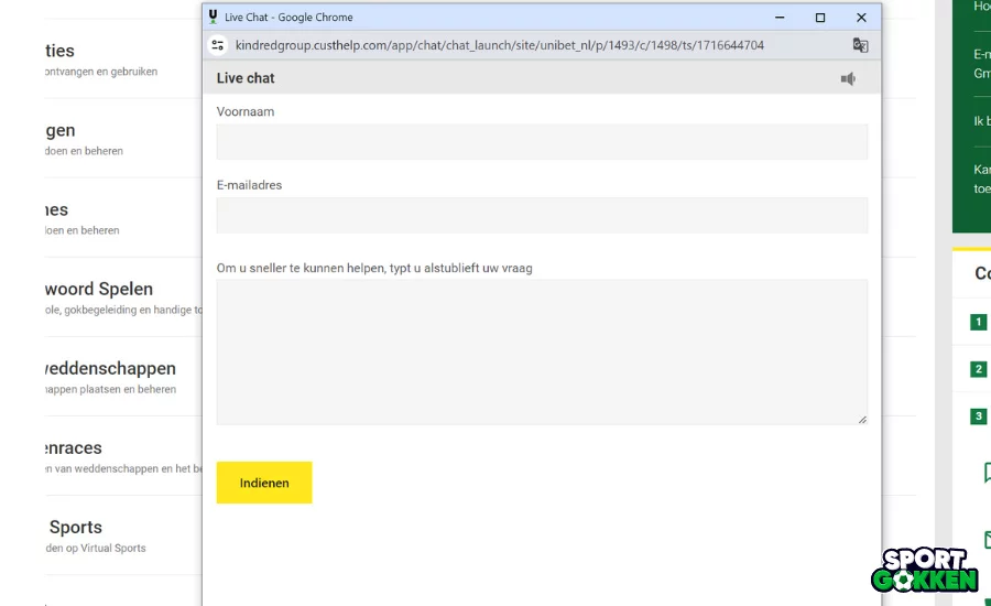 Livechat bij Unibet