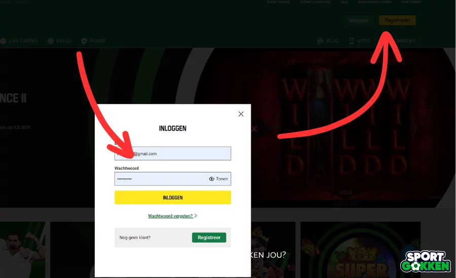 login of registreer bij unibet