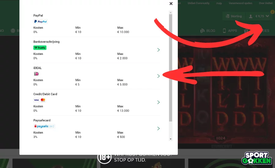 opwaarderen en kies je betaalmethode bij unibet
