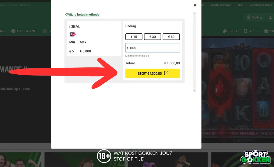 stortingsbedrag bij unibet