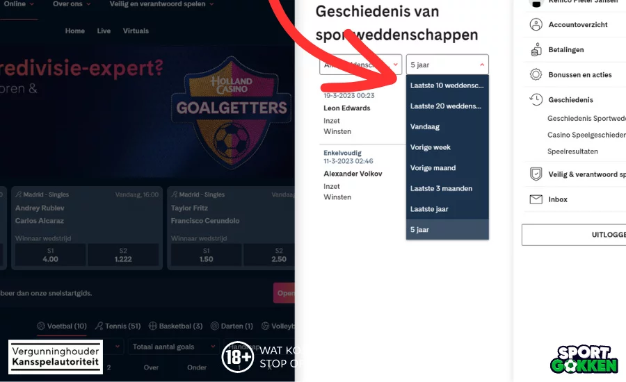 kies de periode van spelgeschiedenis bij holland casino