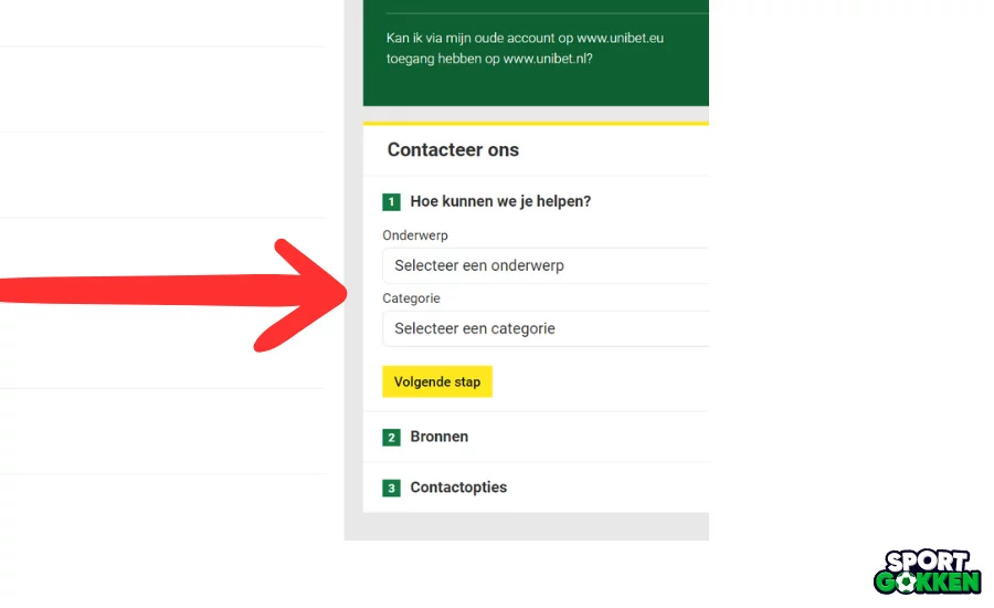 Vul je issue in op contacteer ons bij Unibet