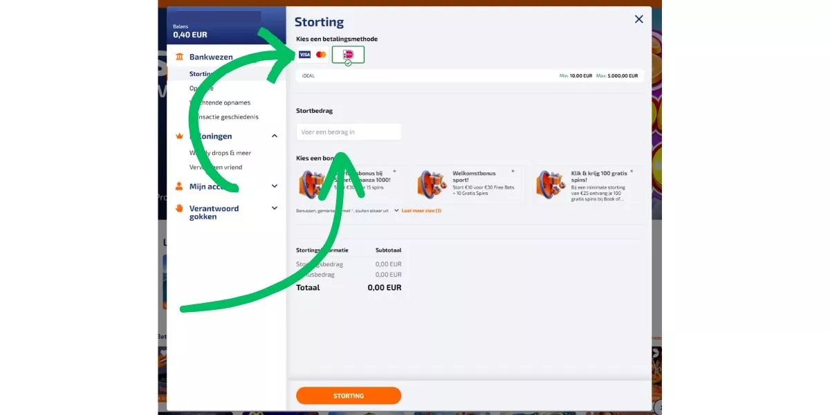 bedrag betaalwijze ideal creditcard storten op betnation