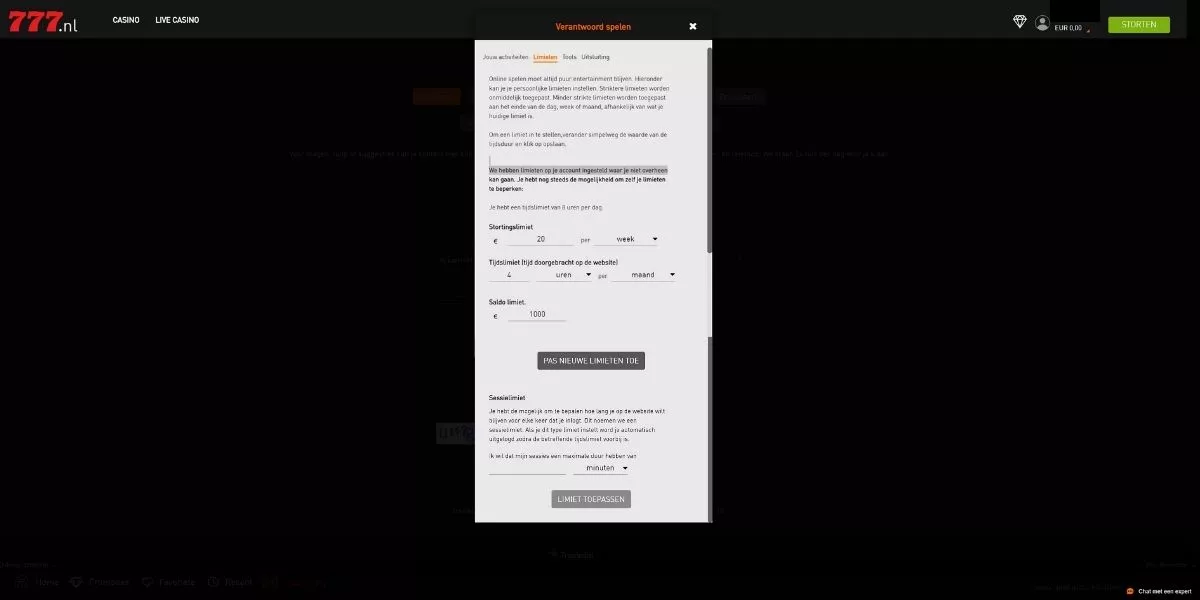 sportgokken limieten instellen op 777 handleiding stap 4 stel je limieten in