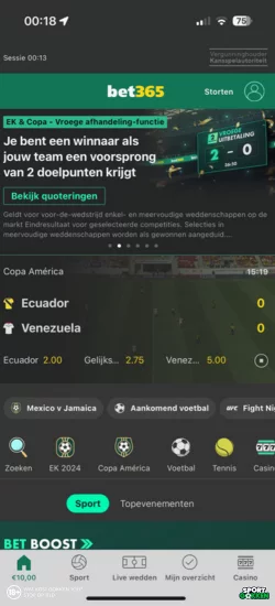 Ingelogd bij de Bet365 app