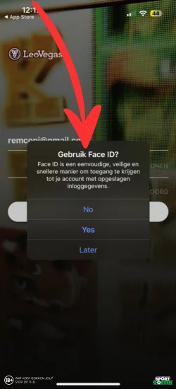 Kies je of Face ID wilt activeren bij de LeoVegas app