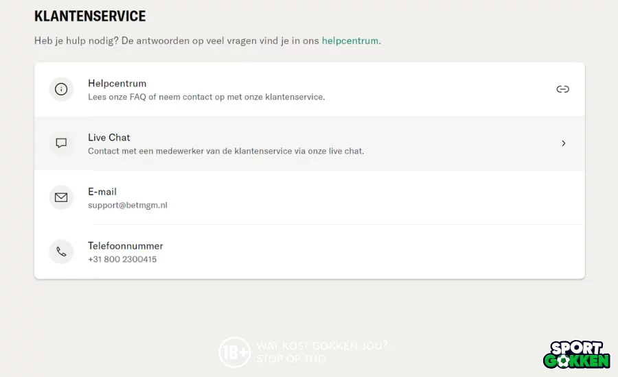 Kies uit de verschillende contactmethodes bij BetMGM