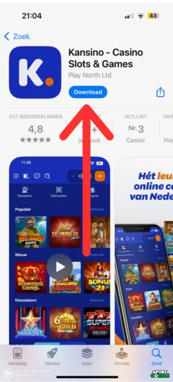 Klik op Download de Kansino app