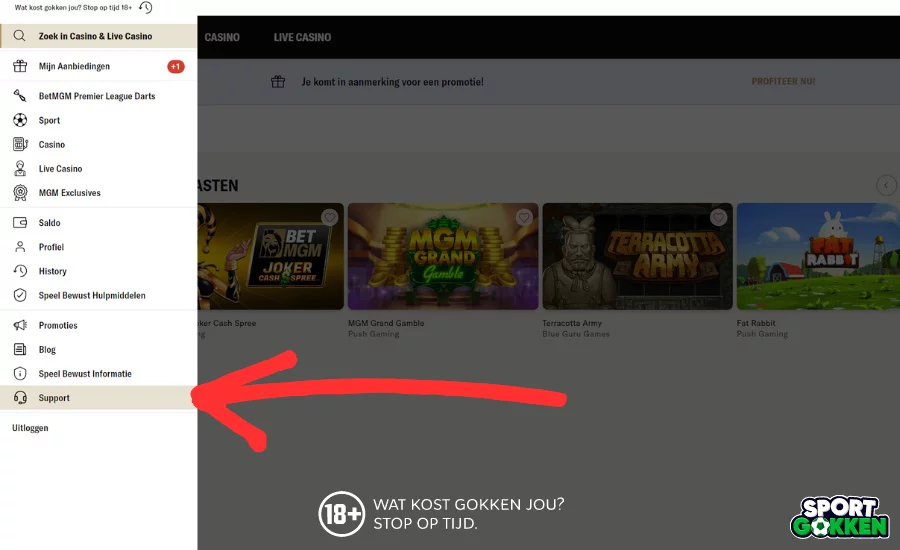 Klik op 'Support' in het BetMGM menu