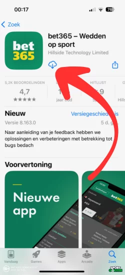 Klik op het wolkje om Bet365 app te beginnen downloaden