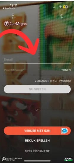 Voer je email en wachtwoord in bij de LeoVegas app