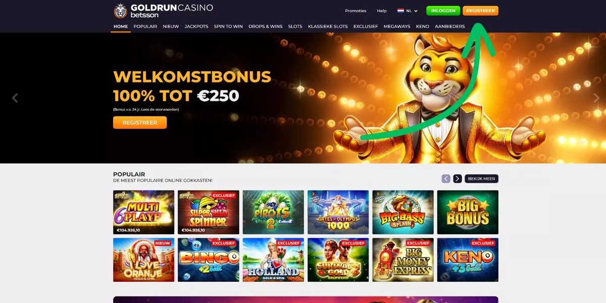 ga naar de website en klik op registreren aanmelden registreren Godlrun Casino