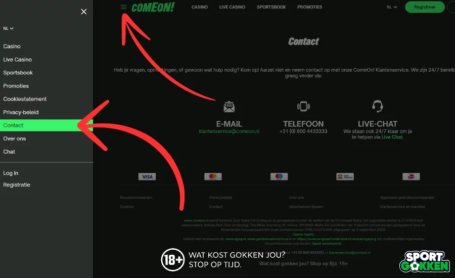 Klik op het menu en dan op contact bij ComeOn